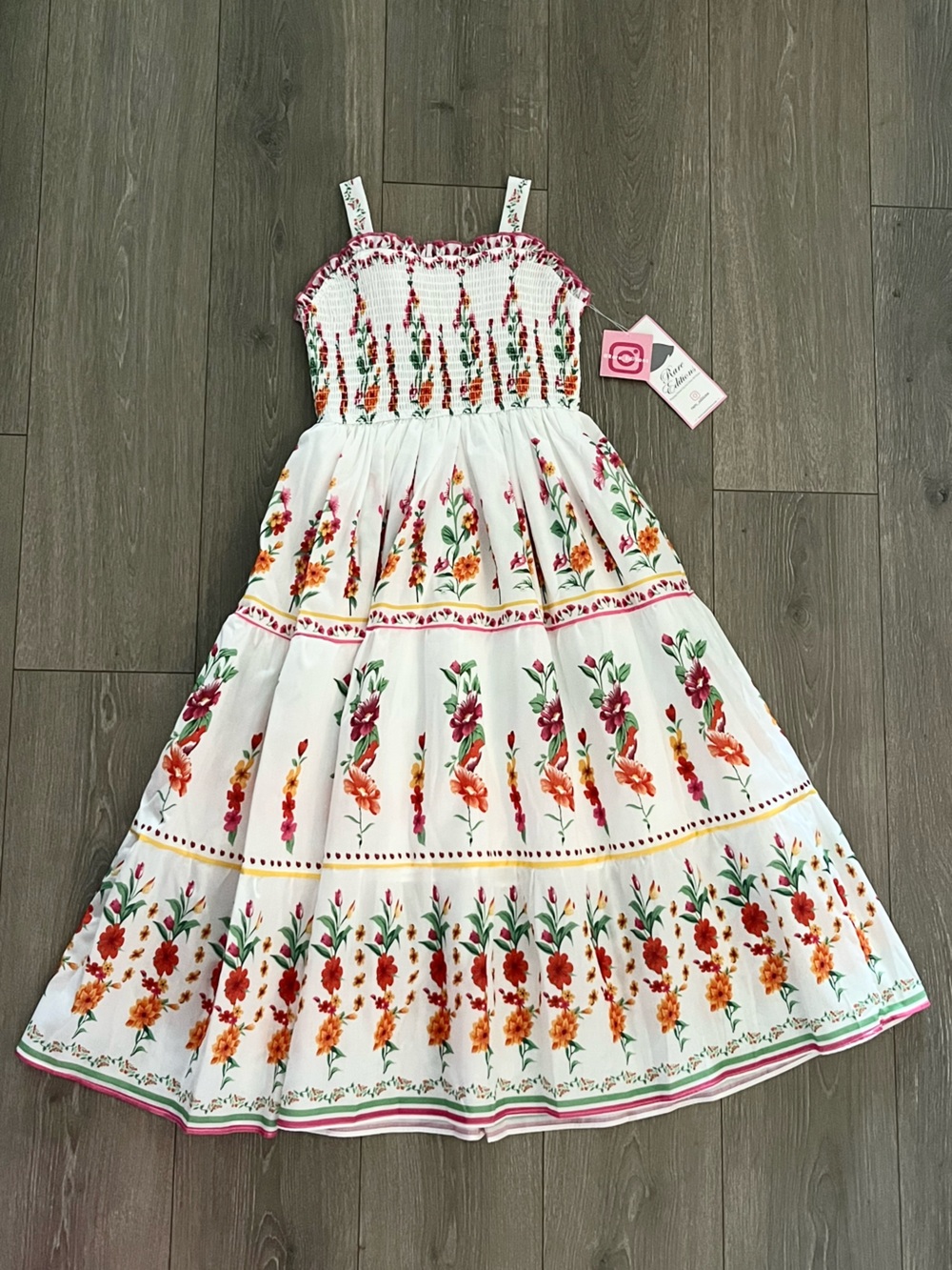 NWT Rare Editions Pink & White Floral Smocked Maxi Dress in Sizes Girls 10 & 12